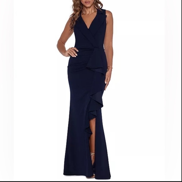 Betsy & Adam Navy V-Neck Cascade Ruffle High-Low Gown NWT Size 12 - Picture 1 of 7